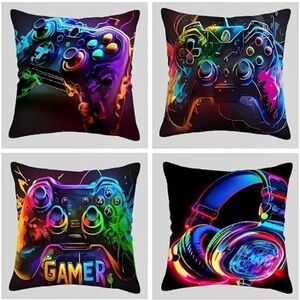 Gaming Controller & Headset Throw Pillow covers Neon Multicolor set of 4